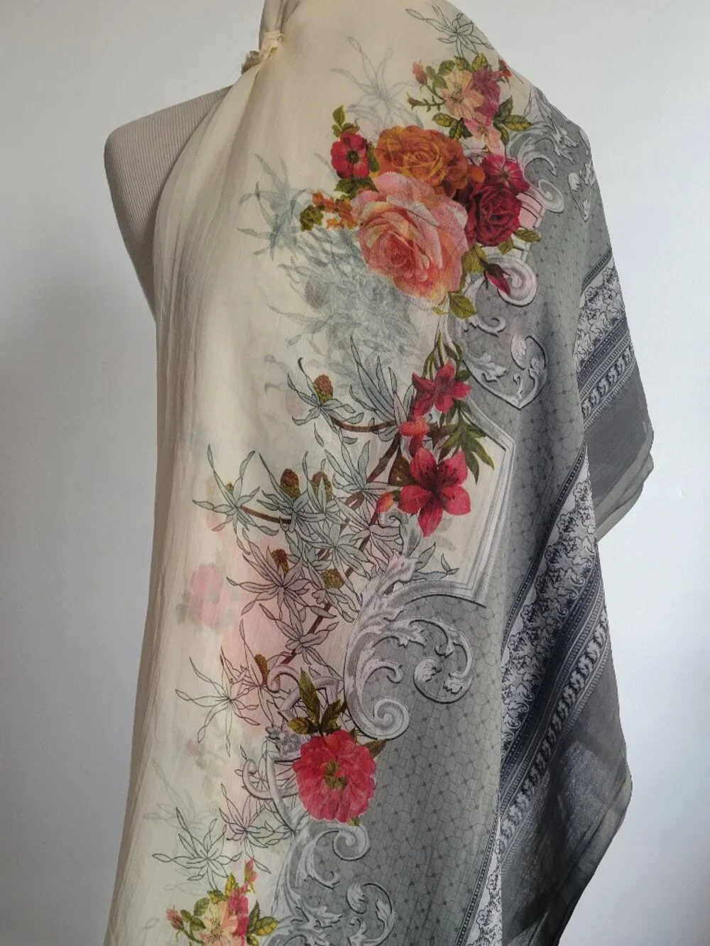 Lightweight Sheer Floral Scarf | Cream & Grey | Oversized Wrap